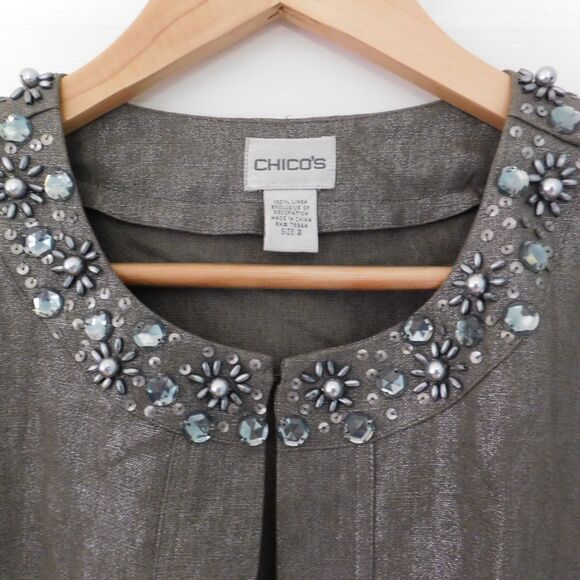 CHICOS jacket blazer 100% linen embellished metallic open front Taupe Silver 2 - Picture 2 of 7